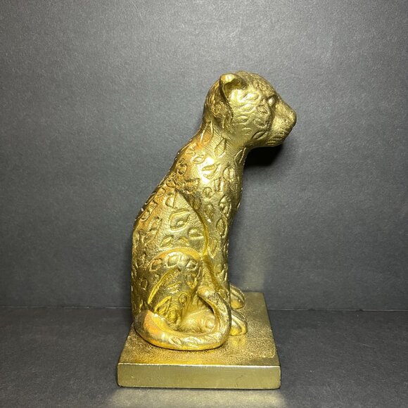 Decorative Gold Tone Metal Wildcat Cheetah Leopard Statue Figure Bookend 6.5" - Picture 5 of 6